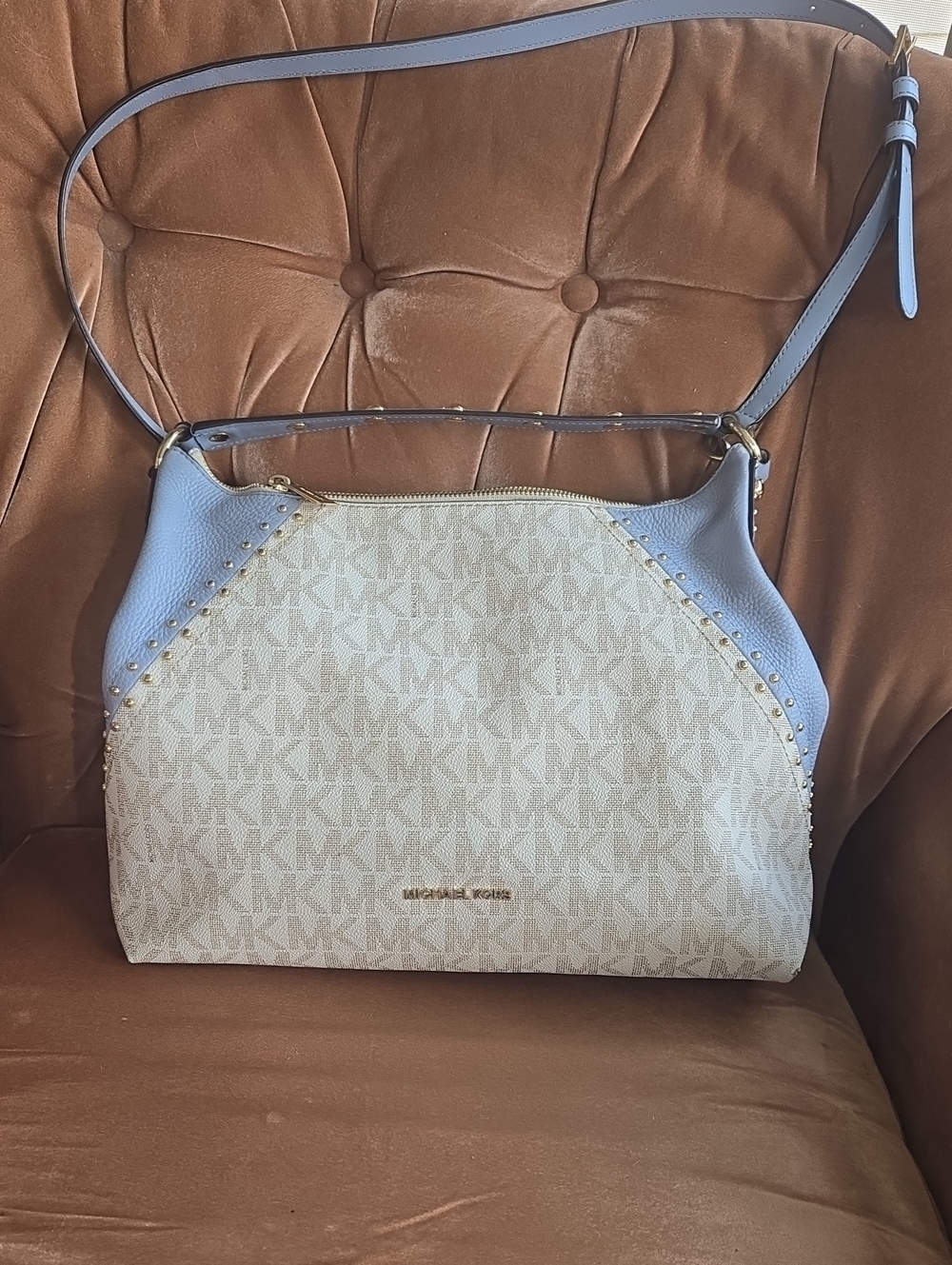 Michael Kors Beige Logo Hobo with Light Blue Leather Trim